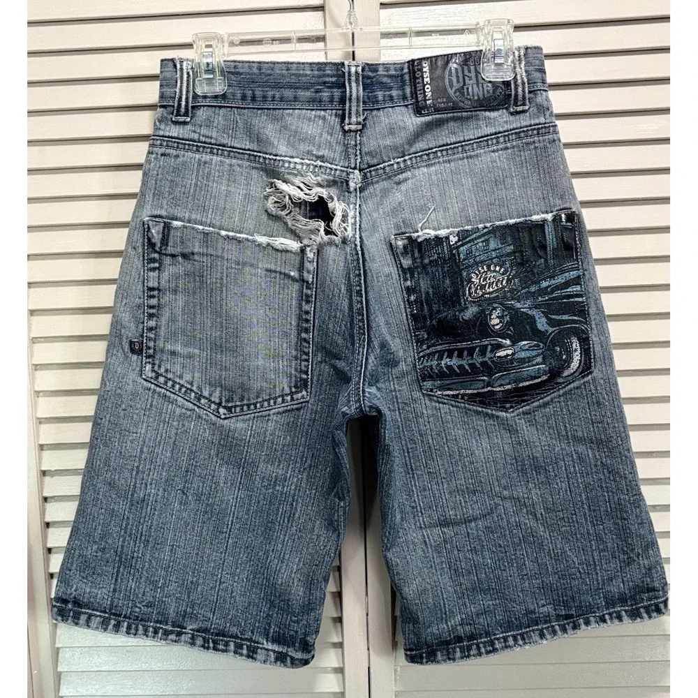 Dyse One Y2K Denim Shorts Distressed Paint Graphic Car Skate Baggy Sz30 Mid Rise
